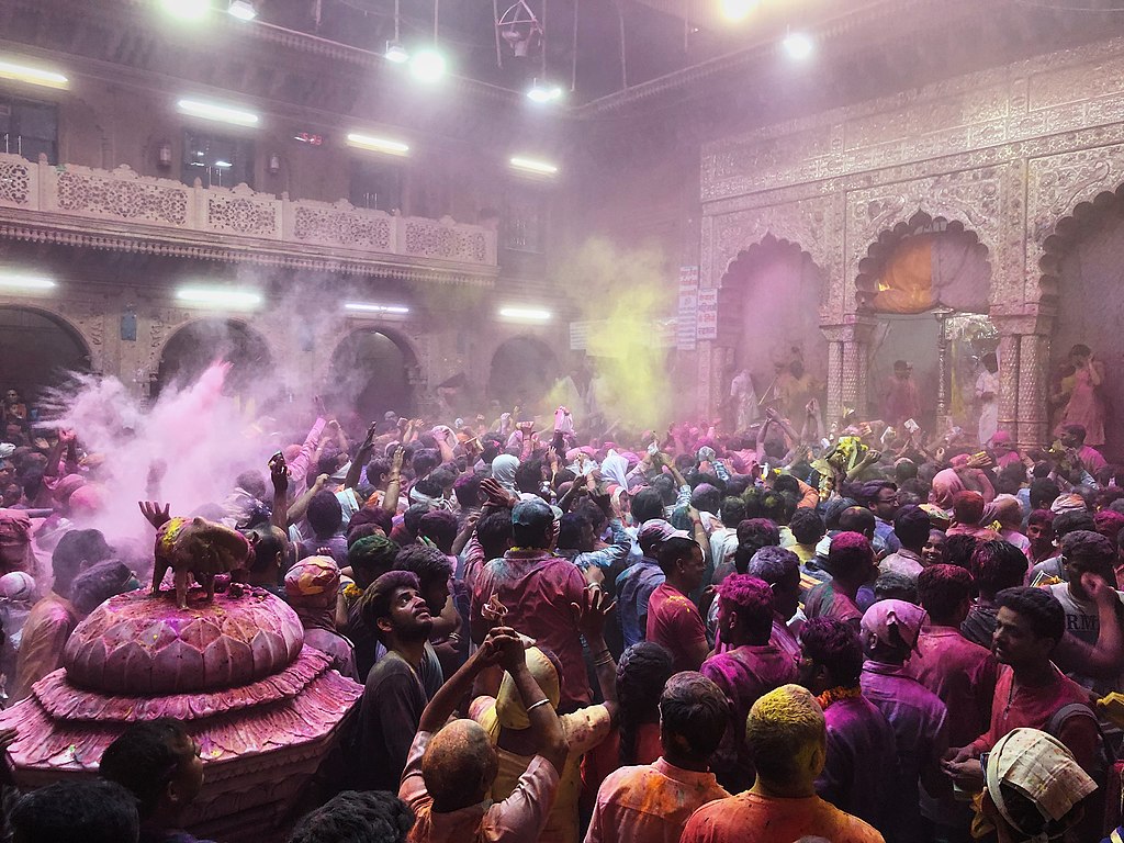 People celebrating Holi in Mathura, India