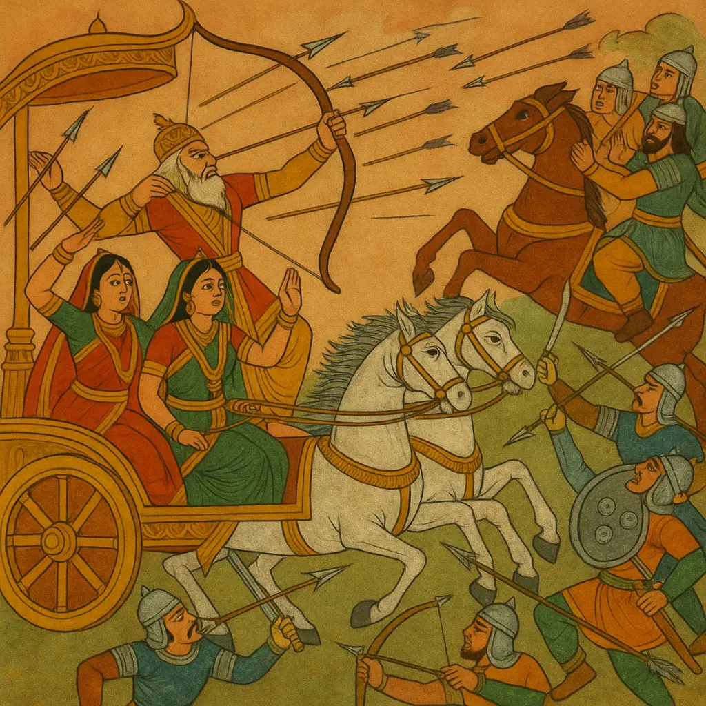 AI image depicting Bhishma abducting Amba, Ambika, and Ambalika - the 3 Kashi sisters